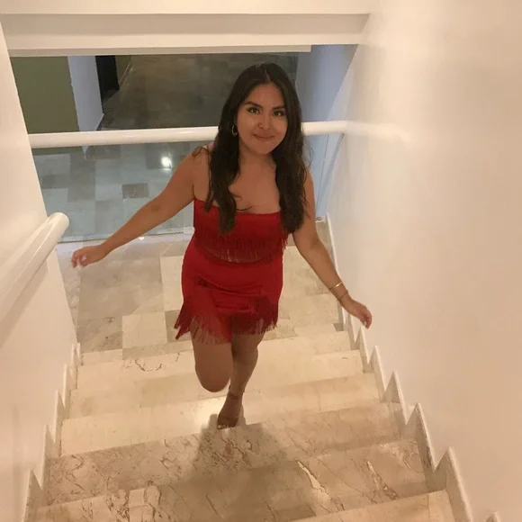 ASOS Design Tall two-piece fringe crop top and mini skirt in red with tags - Picture 3 of 5